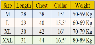Size chart for L-Sleeve 2 Pocket Shirt